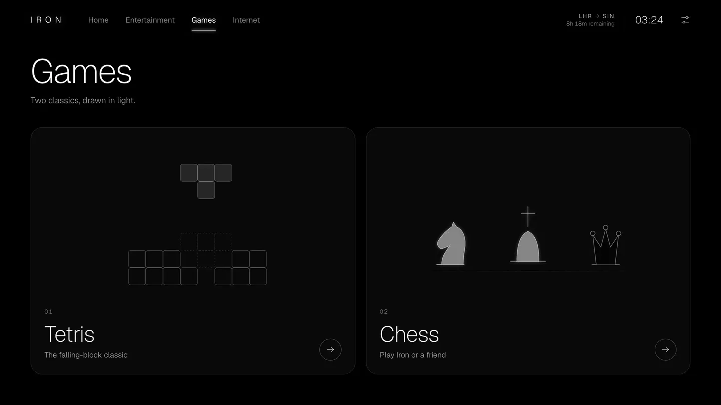 Iron Entertainment System seatback interface showing the games screen